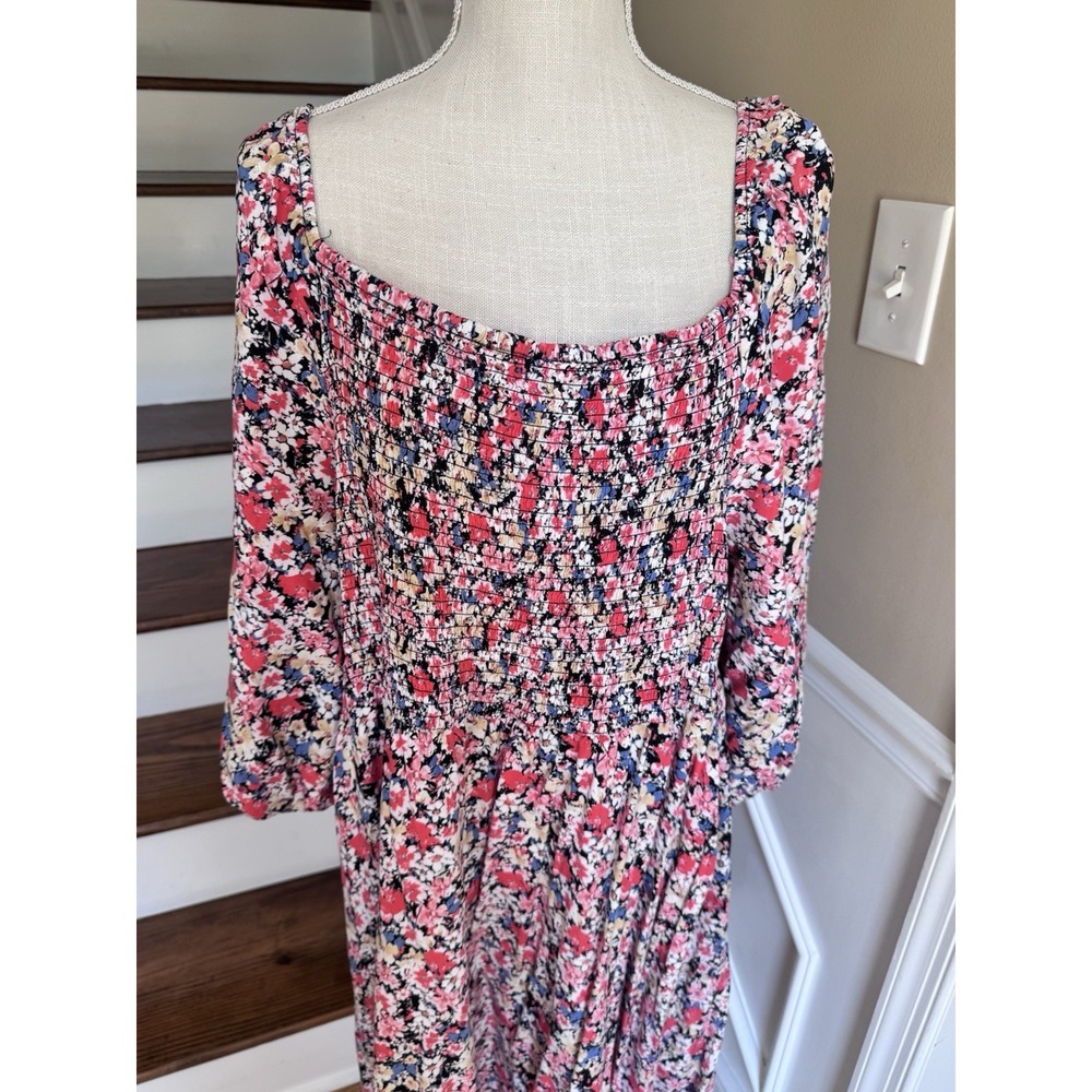 Terra & Sky Floral Smocked Mini Dress Womens 2x Square Neck 3/4 Sleeve - Picture 8 of 13